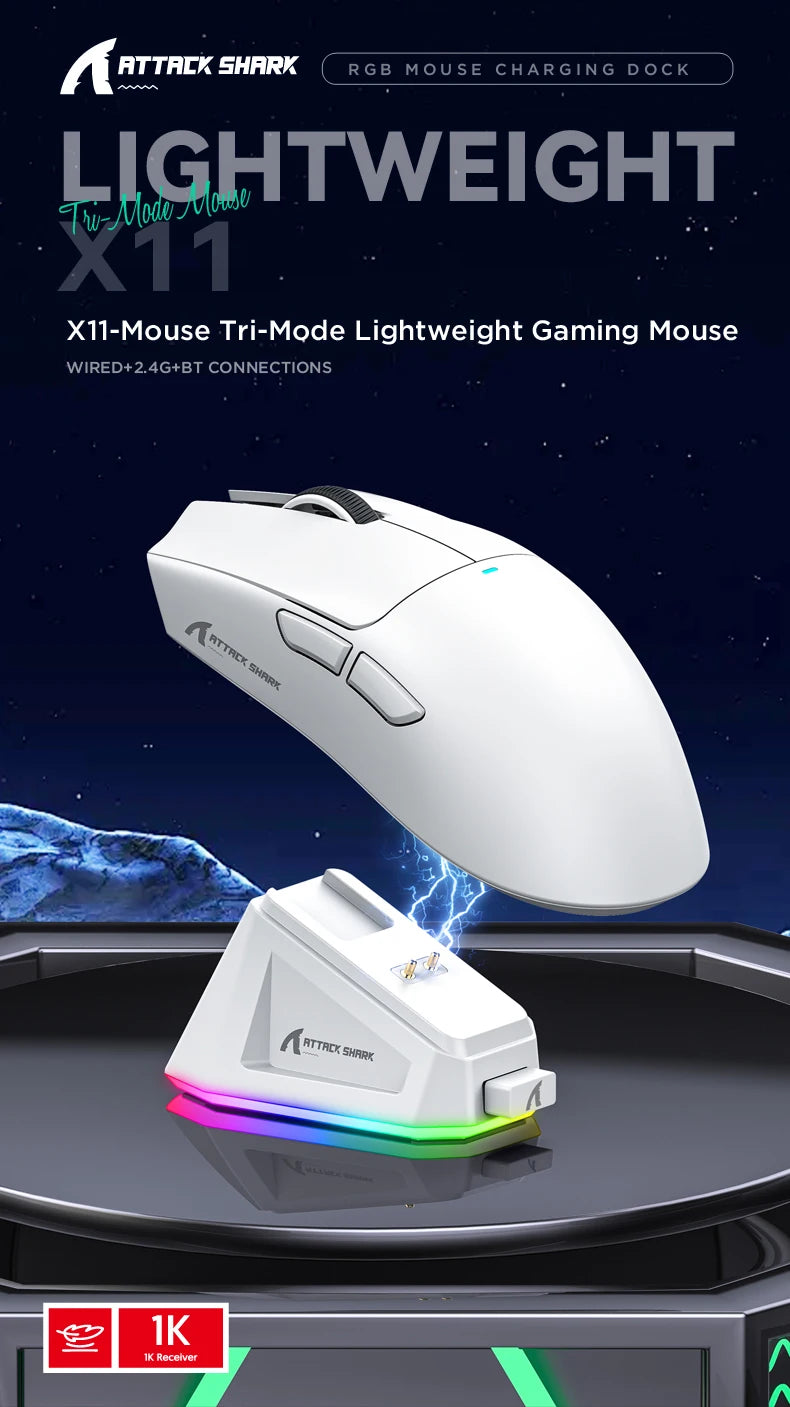 A white X11-Mouse Tri-Mode Lightweight Gaming Mouse is shown next to its RGB charging dock.
