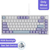 A white mechanical keyboard featuring a blue backlight and a Sea Salt switch, with a USB wired connection.
