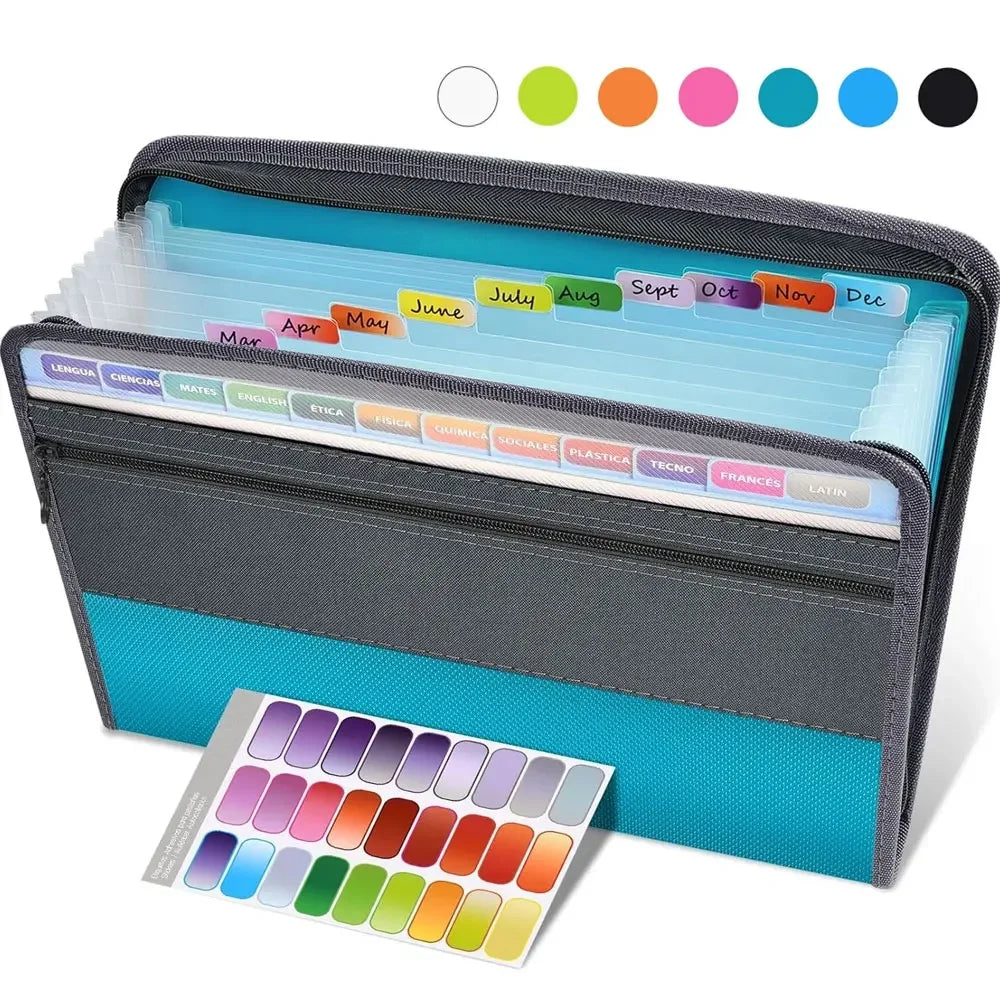 A gray document folder with clear plastic sleeves and a color palette displayed below.