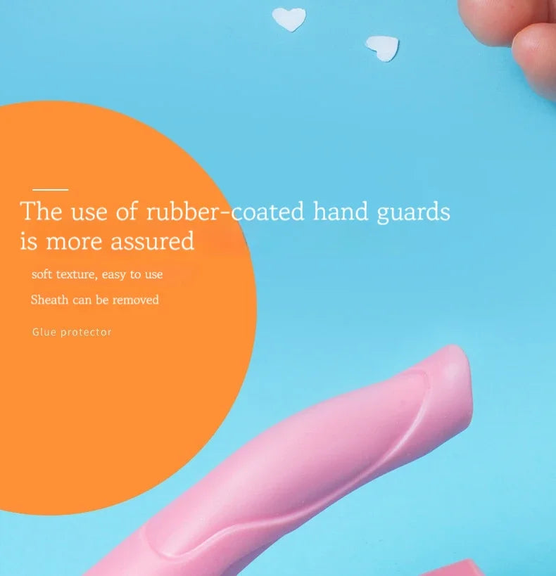 A pink rubber-coated hand guard is shown against a light blue background with text highlighting its features.