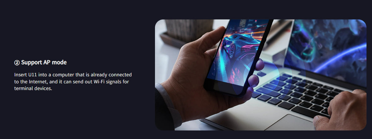 A hand holds a smartphone connected to a laptop, demonstrating the support for an AP mode device.