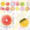 A collection of various sliced fruits like citrus, watermelon, kiwi, and apple used as fruit-shaped sticky notes.