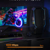 A black Wi-Fi adapter device is shown next to a monitor displaying speed test results for 600 Mbps and 286 Mbps.