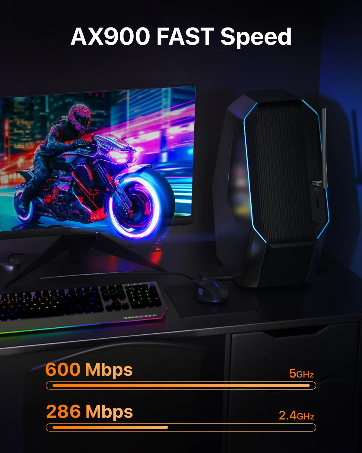A black Wi-Fi adapter device is shown next to a monitor displaying a motorcycle and speed test results.