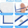 Details of reusable dry erase pockets showing PVC waterproof material, clear surface, reinforced stitching, and metal grommet
