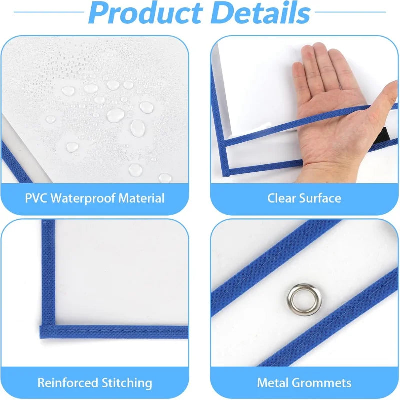 Details of reusable dry erase pockets showing PVC waterproof material, clear surface, reinforced stitching, and metal grommet