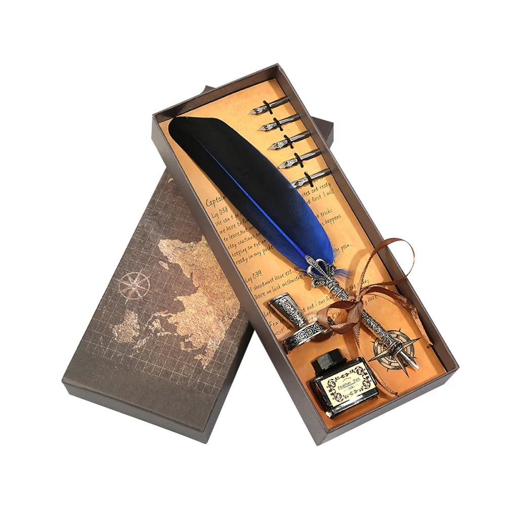 A set of retro calligraphy feather dip pens displayed in a wooden gift box with various nibs and accessories.