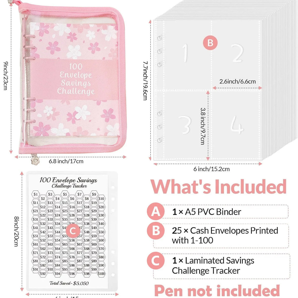 Pink A5 envelope savings challenge set including envelopes, tracker, and instructions