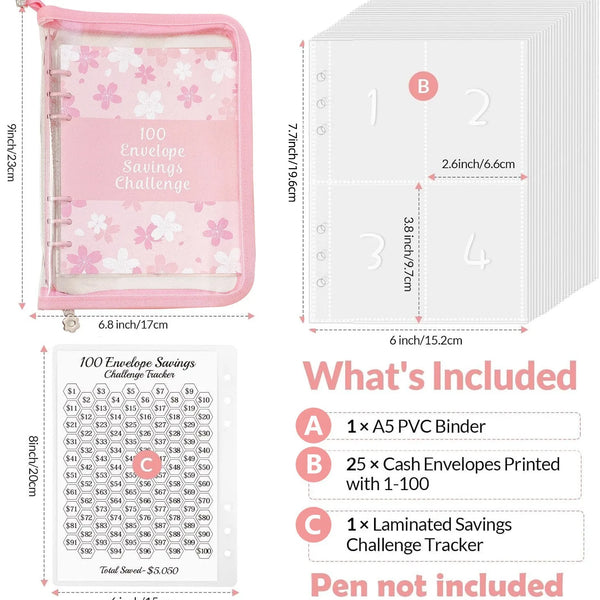 Pink A5 envelope savings challenge set including envelopes, tracker, and instructions