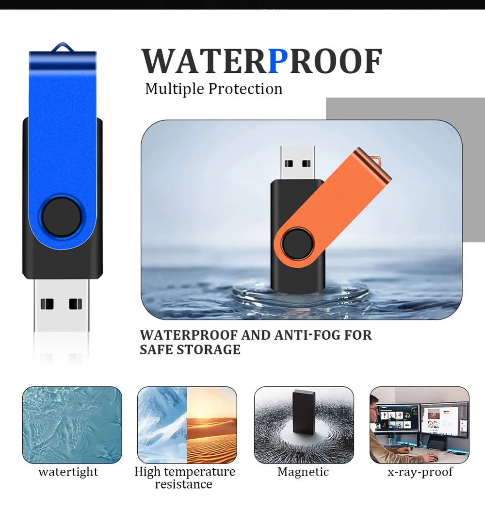 A waterproof and anti-fog USB flash drive with multiple protection features including watertight, high temperature resistance