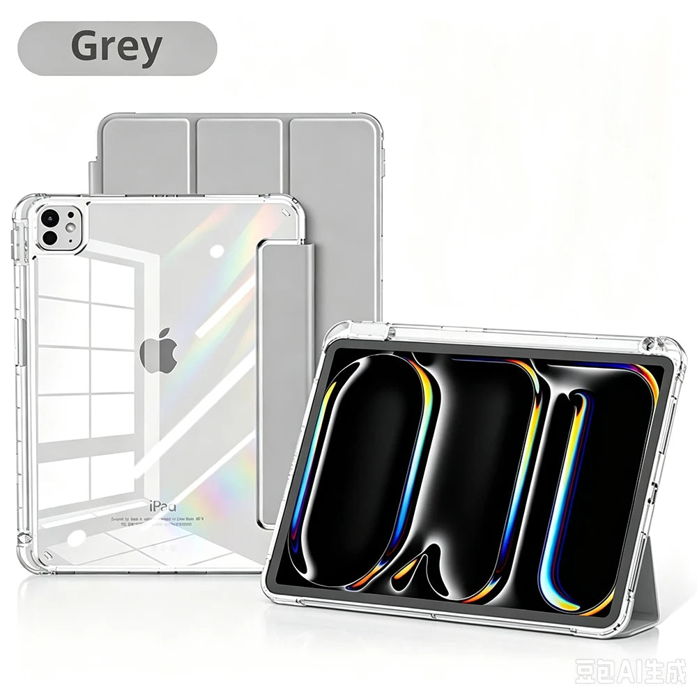 A clear acrylic protective case for an iPad Mini shown next to a grey protective cover.