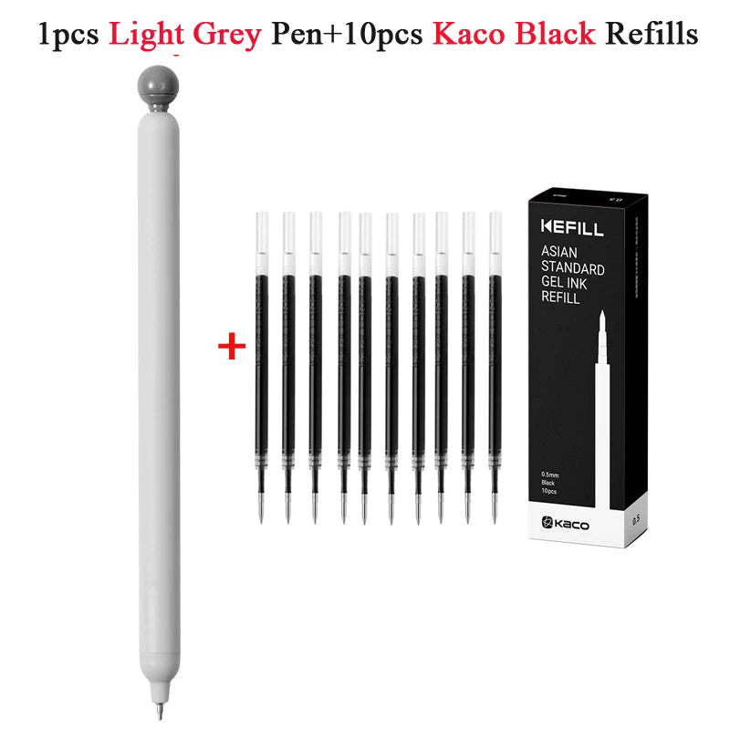 A set of 1 light grey pen and 10 black refills for Kaco gel ink pens.
