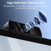 A black HD 1080P webcam is shown with a close-up of its optical lens assembly.