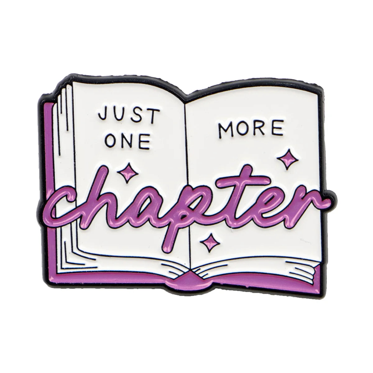 Enamel lapel pin featuring a stylized open book design with the text Just One More Chapter