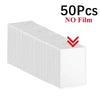 A rectangular block of 50 clear protective card sleeves with no film.