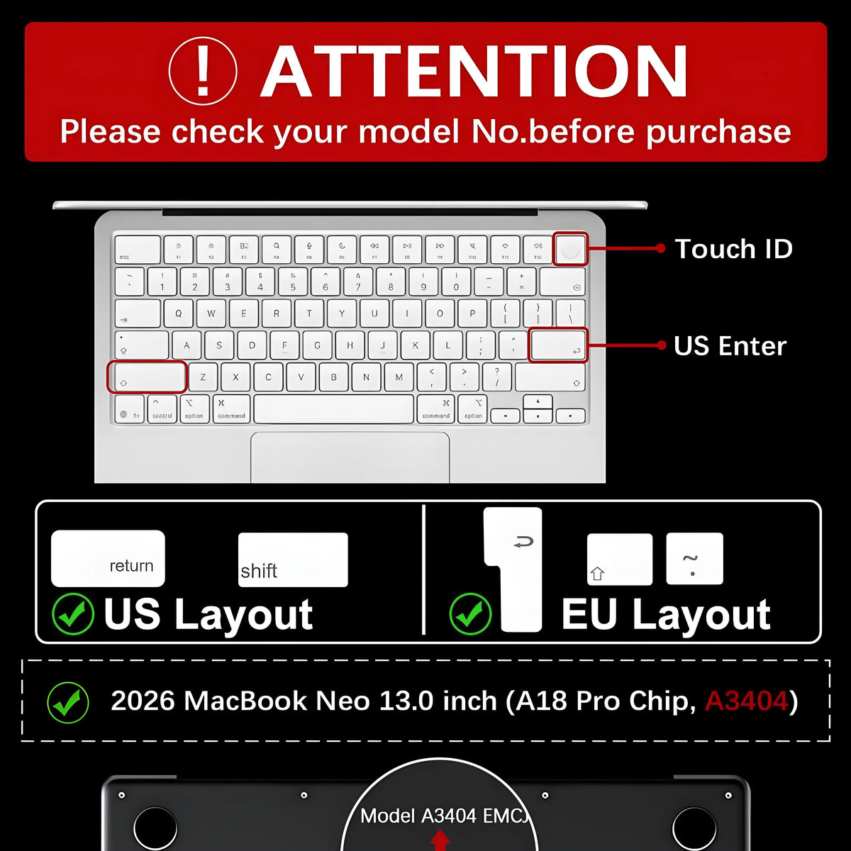 A silicone keyboard cover for a MacBook Neo 13-inch showing US and EU layouts.