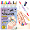 A set of 12 Nail Art Marker pens in various colors and tips shown alongside a hand applying the marker to a fingernail.
