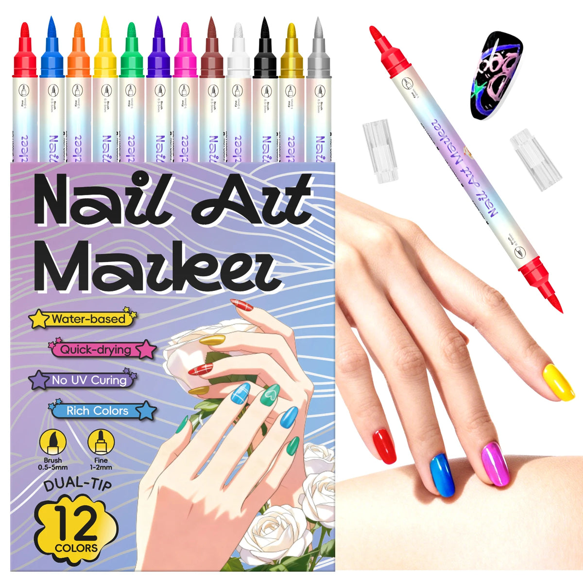 A set of 12 Nail Art Marker pens in various colors and tips shown alongside a hand applying the marker to a fingernail.