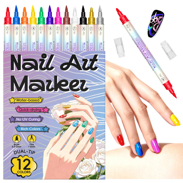 Ein Set von 12 Nagellack-Marker-Stiften in verschiedenen Farben und Spitzen, gezeigt neben einer Hand, die den Marker auf ein