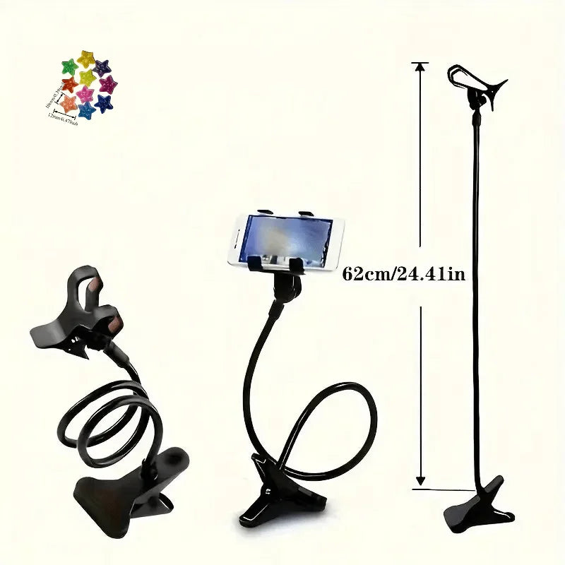 A black adjustable stand for phones and tablets, featuring a flexible neck and a vertical adjustable arm.