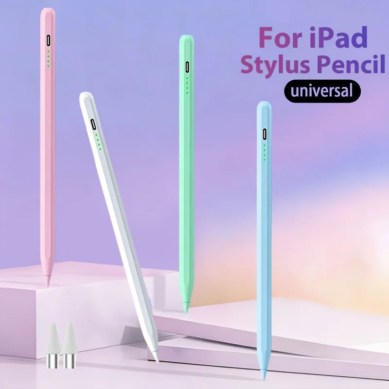 A set of universal stylus pens in pink, green, and blue colors displayed on a white surface.