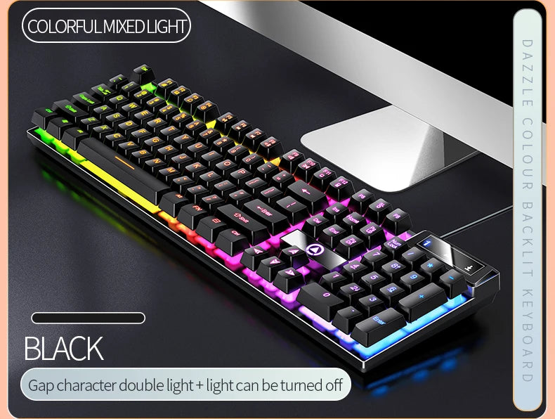 A black mechanical keyboard with colorful mixed light features gap character double light and can be turned off.