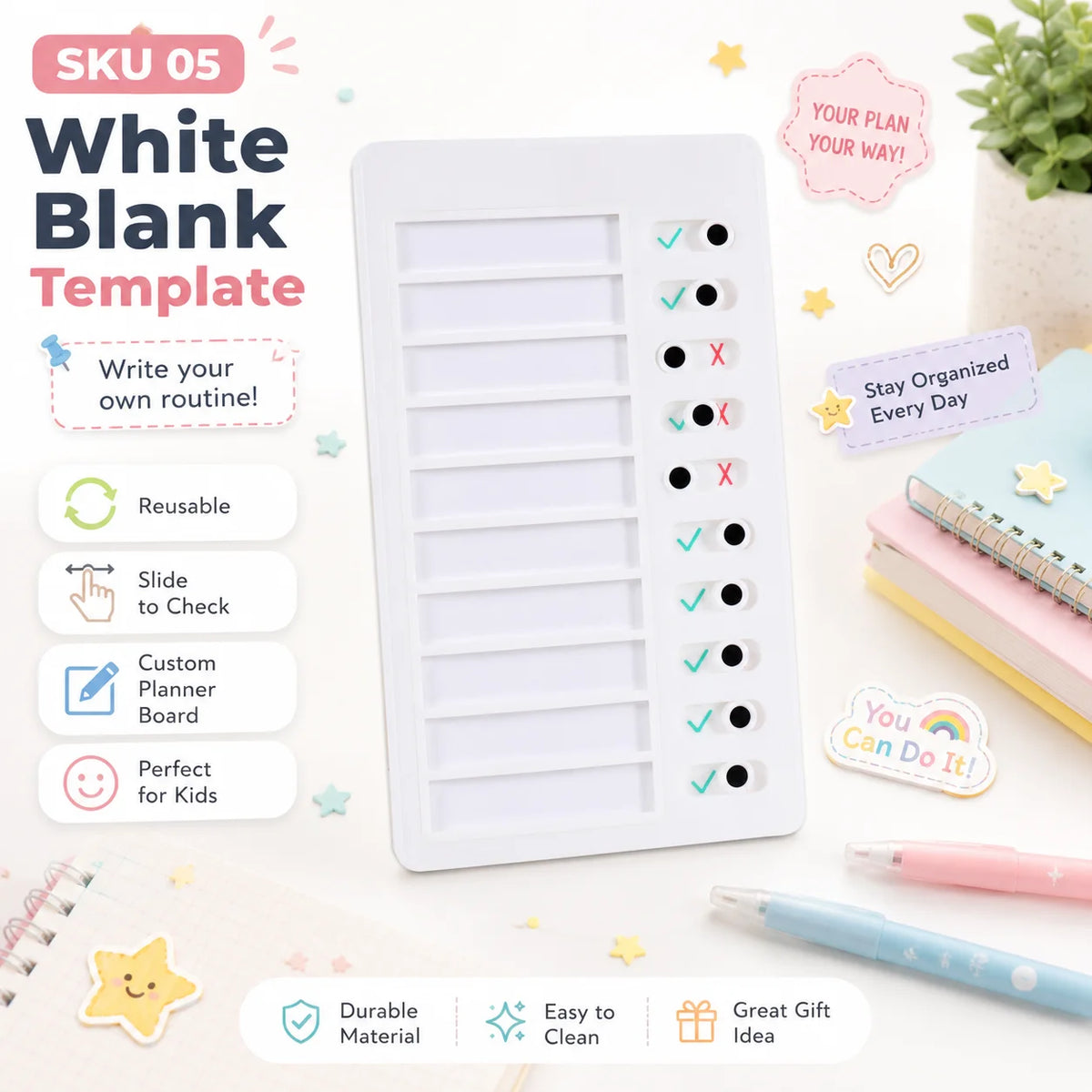 White blank template for a reusable sliding chore chart and habit tracker board with checklists