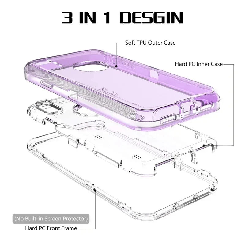A set of three clear shockproof cases for iPhone 17 Pro Max, 17 Air, and 17 Pro, including a soft TPU outer case and hard PC 