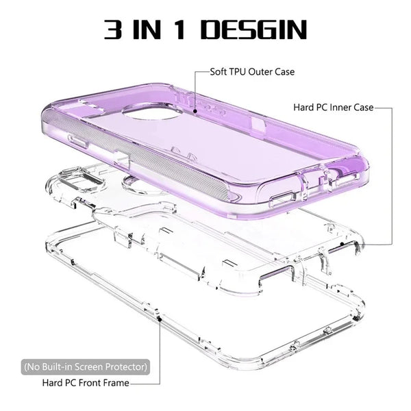 A set of three clear shockproof cases for iPhone 17 Pro Max, 17 Air, and 17 Pro, including a soft TPU outer case and hard PC 