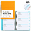 An orange A6 spiral binding password keeper notebook with alphabetical tabs and lined pages.