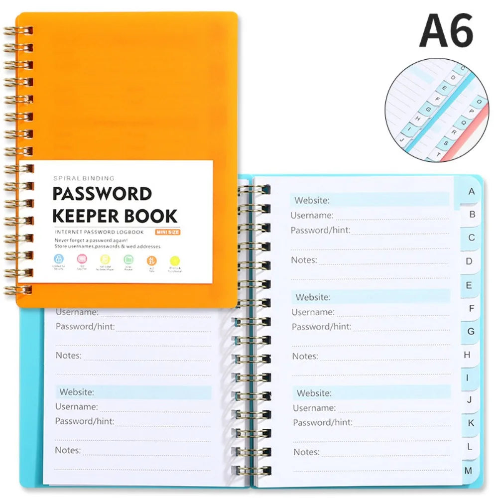 An orange A6 spiral binding password keeper notebook with alphabetical tabs and lined pages.