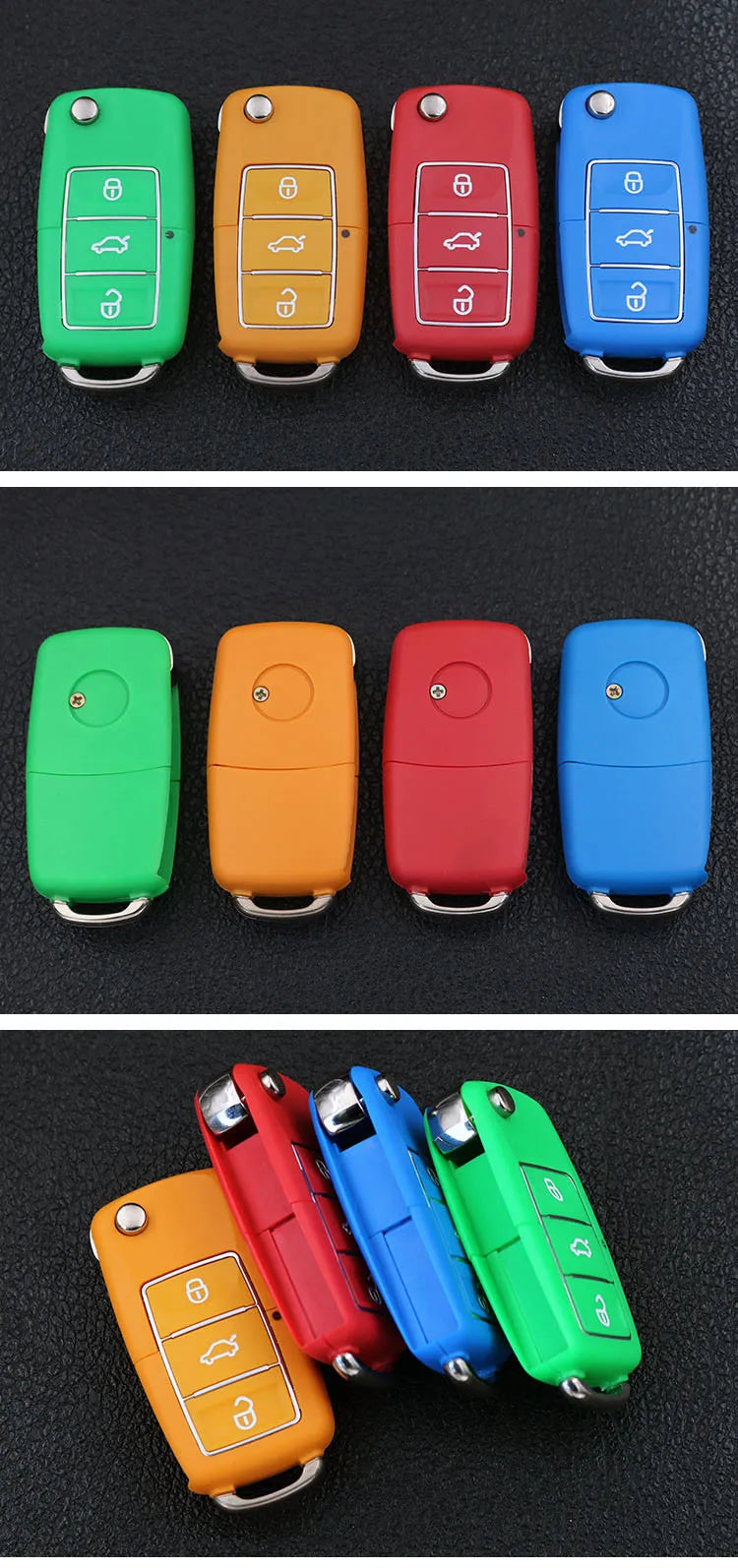 A set of realistic fake car keys in various colors, including green, orange, red, and blue, displayed on a black background.