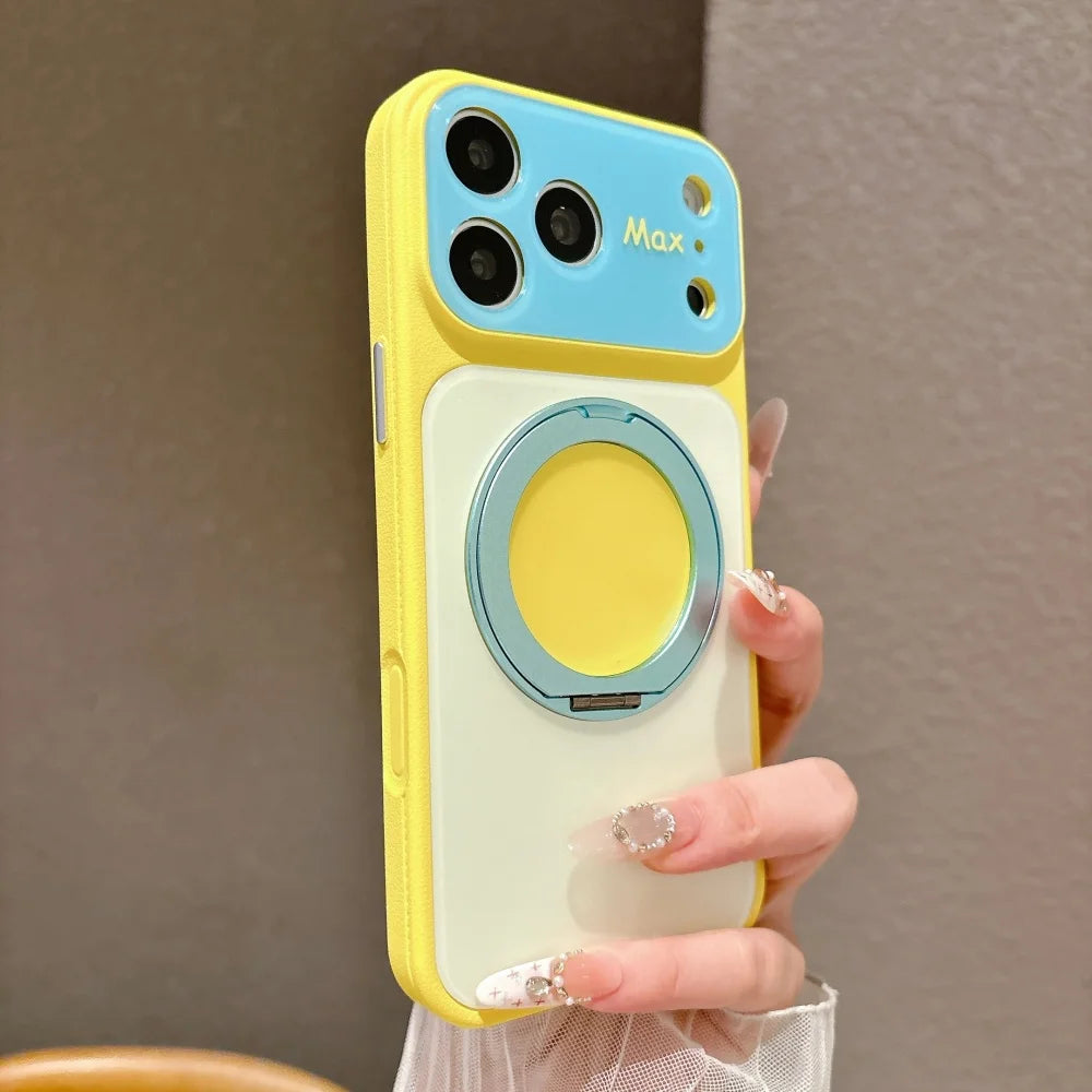 A yellow and light blue magnetic ring stand shockproof phone case with camera protection being held by a person.