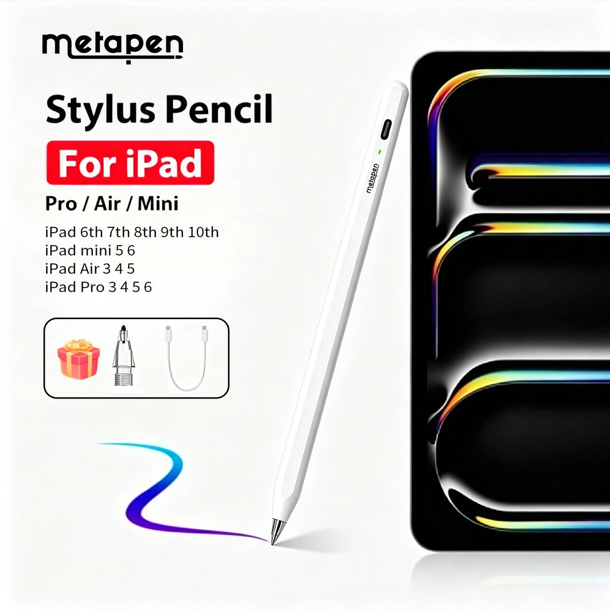 A white Metapen stylus pencil shown next to an iPad, illustrating compatibility for various iPad models.