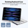 Rotating keyboard case for an iPad showing multiple colorful light patterns and a laptop.