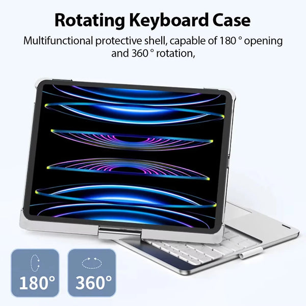 Rotating keyboard case for an iPad showing multiple colorful light patterns and a laptop.