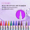 A collection of 12 dual-head nail art markers in various colors and metallic shades displayed against a purple background.