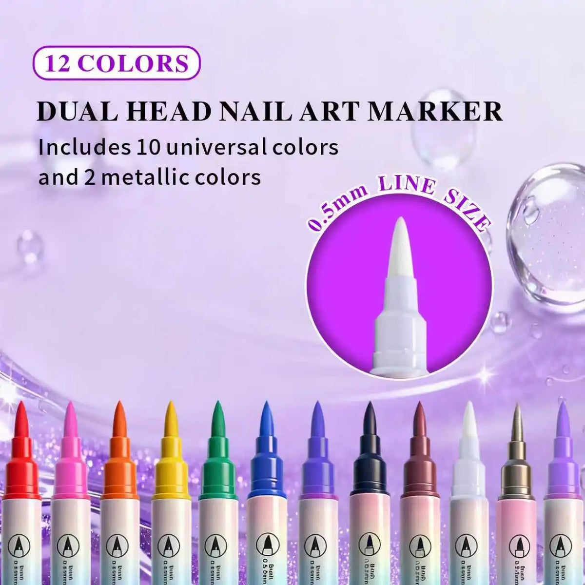 A collection of 12 dual-head nail art markers in various colors and metallic shades displayed against a purple background.