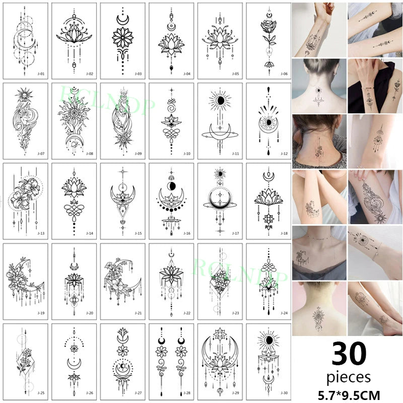Una cuadrícula que muestra 30 diseños de pegatinas temporales de tatuajes multiuso para decorar la piel.