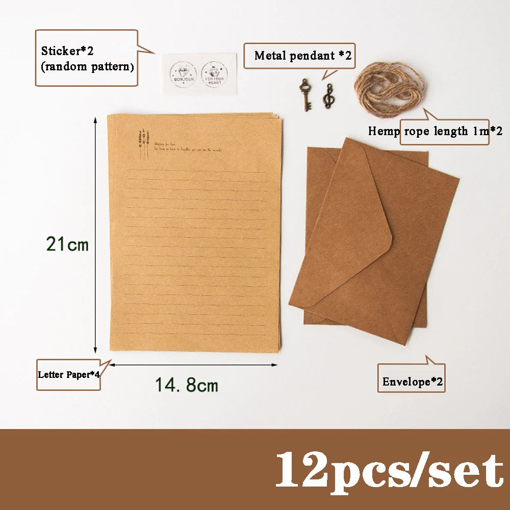 A set of vintage European style letter and invitation envelopes with various accessories like metal pendants, hemp rope, and 