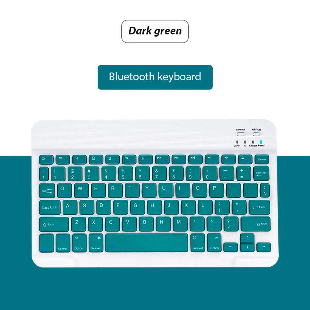 Eine weiße Bluetooth-Tastatur mit einem dunkelgrünen Etikett, das ihre Farbe anzeigt.