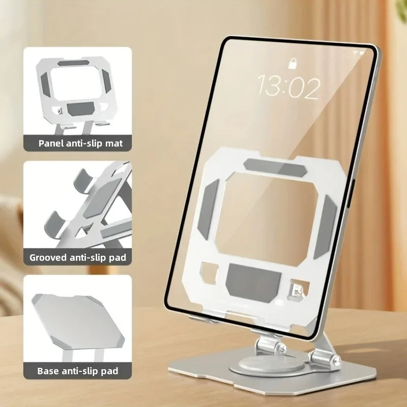 A tablet stand featuring a panel anti-slip mat, grooved anti-slip pad, and base anti-slip pad.
