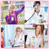 A woman in a lab coat is smiling while holding a funny hamster acrylic badge reel with a retractable clip.