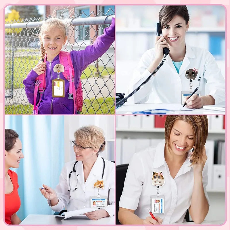 A woman in a lab coat is smiling while holding a funny hamster acrylic badge reel with a retractable clip.