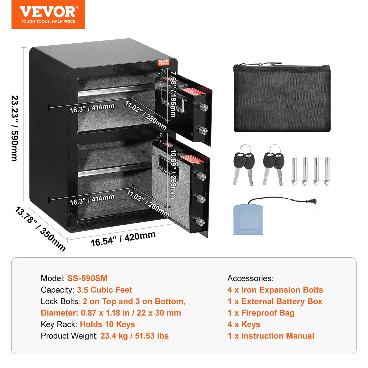 A black steel security safe box with a drawer, accessories like keys and bolts, and an instruction manual.