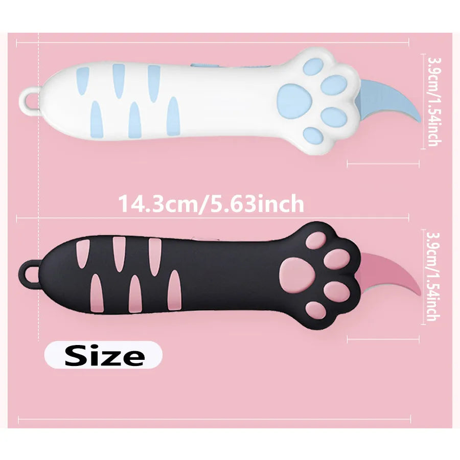 A white cat paw shaped mini box cutter with light blue accents and a black cat paw shaped utility knife.