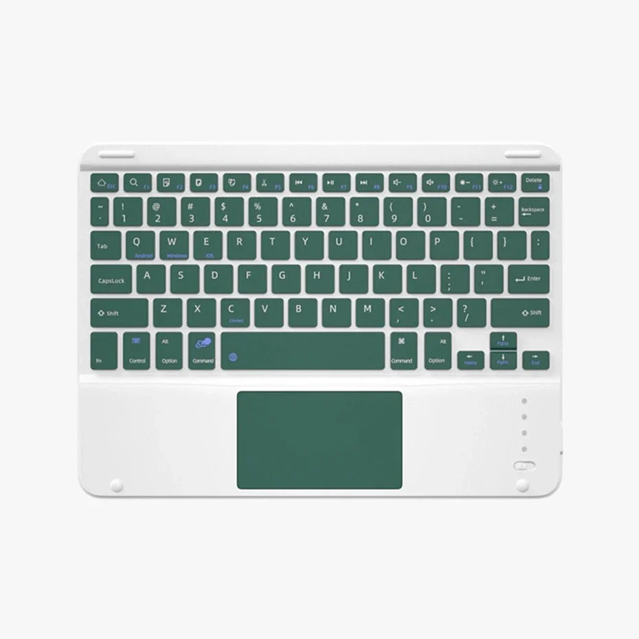 A white leather magnetic keyboard case for an iPad Pro showing the full keyboard and device slot.