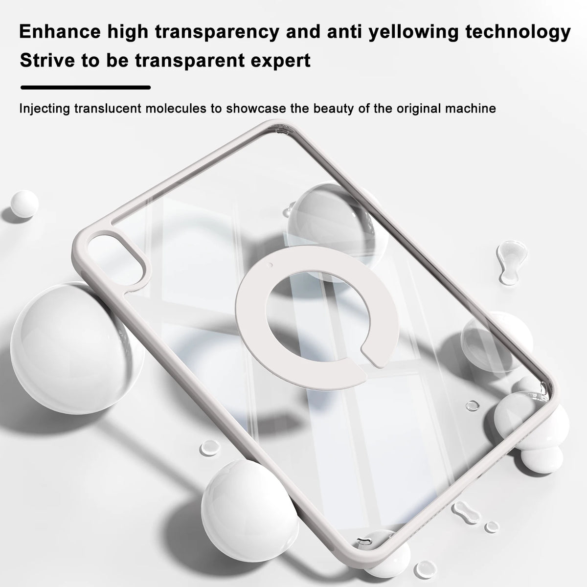 A clear magnetic rotating protective case for an iPad is shown with transparent molecules inside.