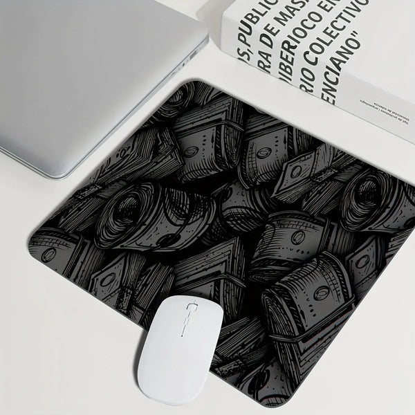 Black gaming desk mat featuring a pattern of stacked, distressed metal tins and jars.