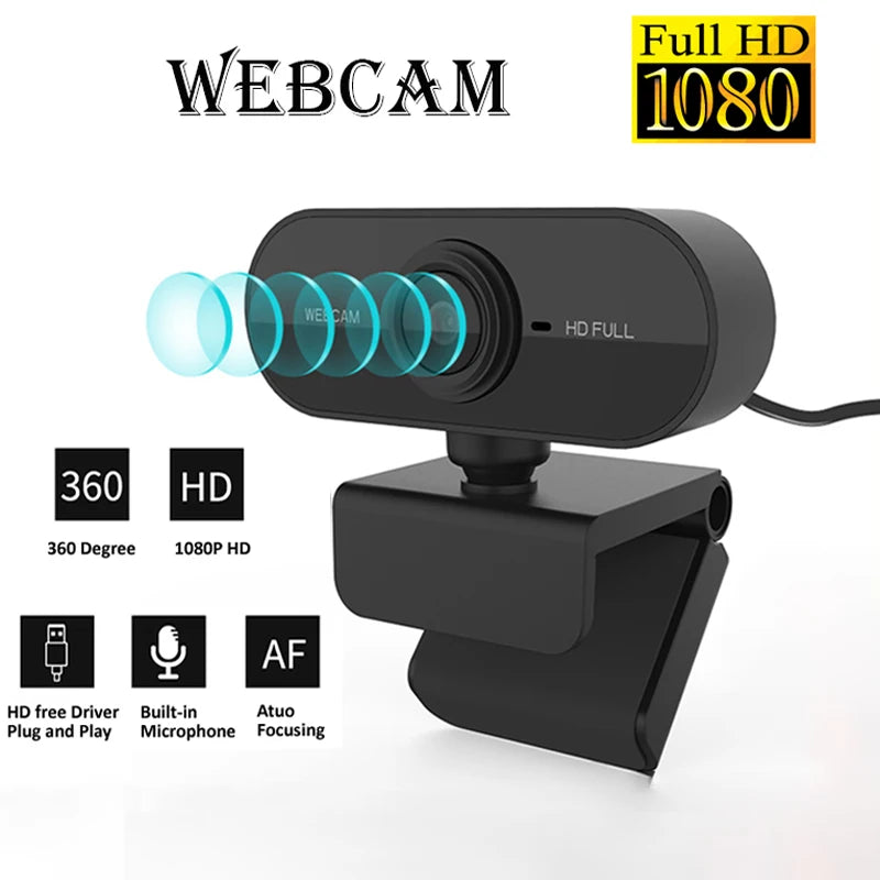 A black 1080P HD webcam with a lens and mounting bracket is shown.
